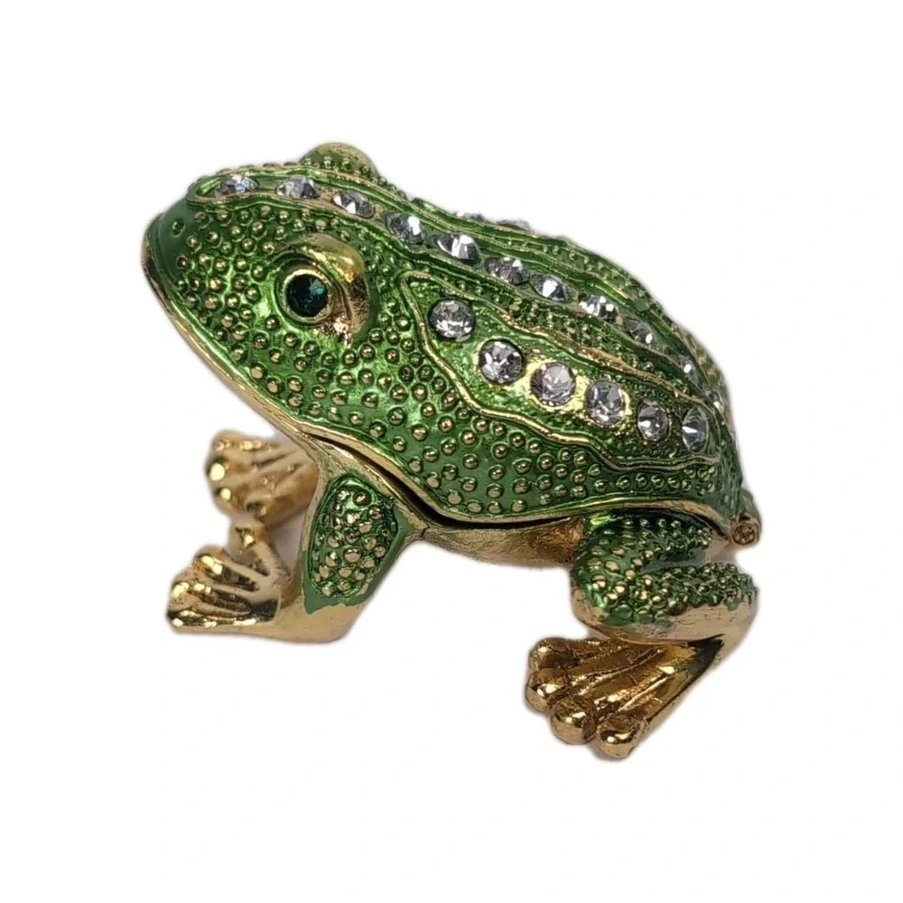 Hinged Keren Kopal Style Gold Tone Frog Trinket Box Rhinestones Green Eyes Vintg